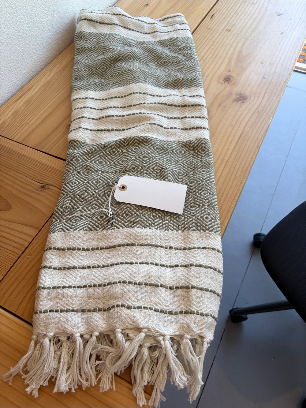 Handwoven Green and Cream Striped Cotton turkish towel with Fringe